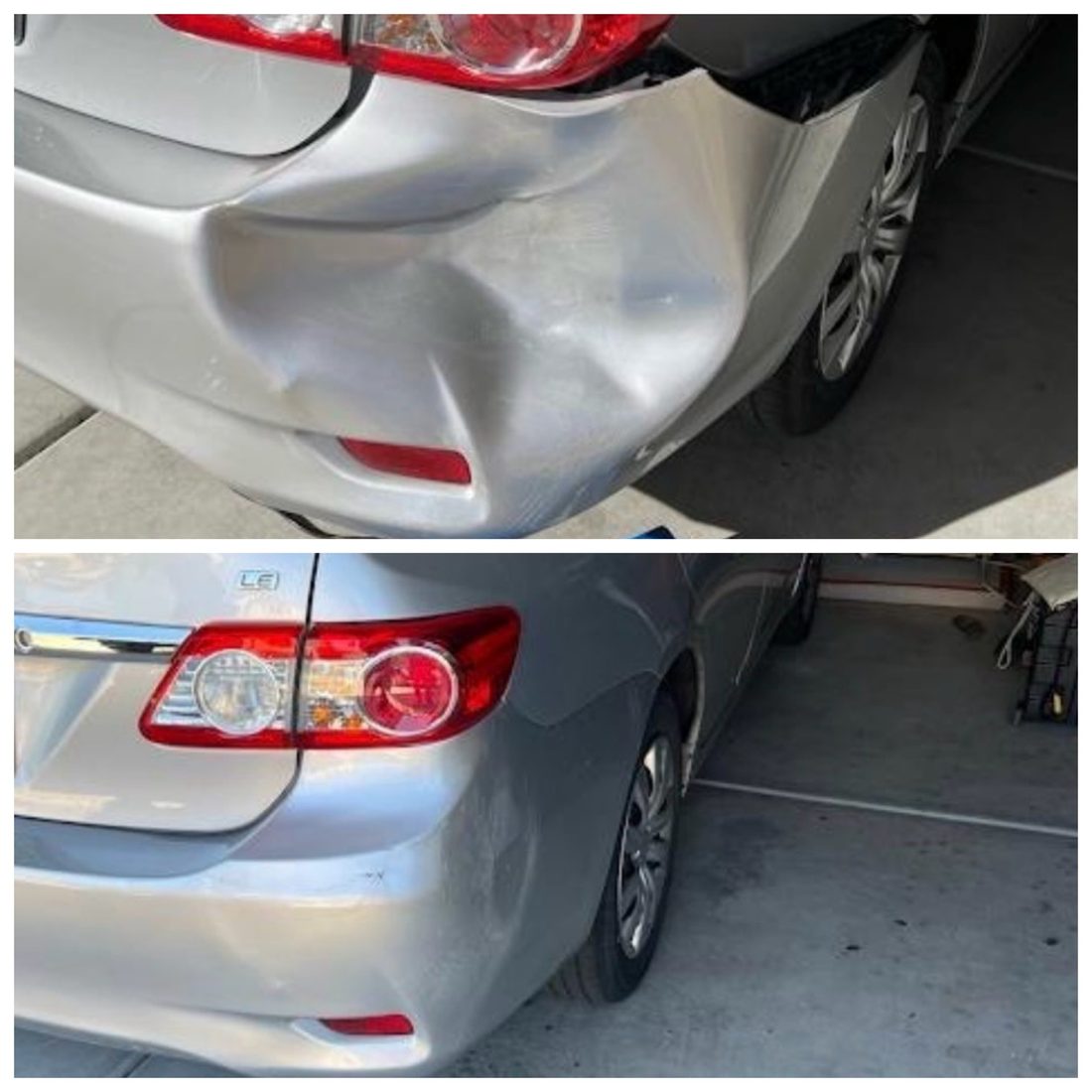Before and after: deep crease on rear quarter panel and bumper repaired