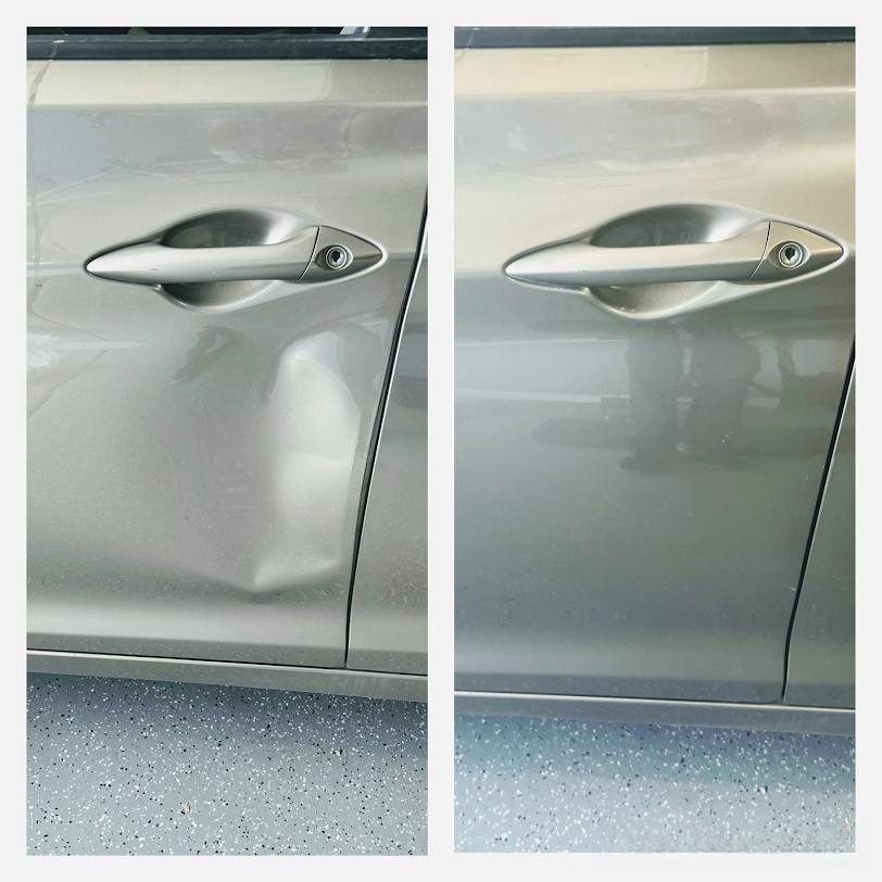 Before and after: large dent on a car door repaired, paint untouched