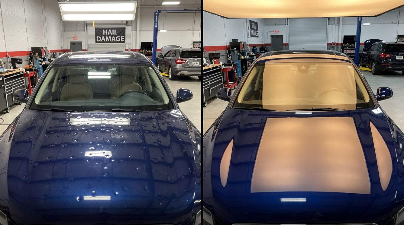 Before and after: hail damage on a hood removed
