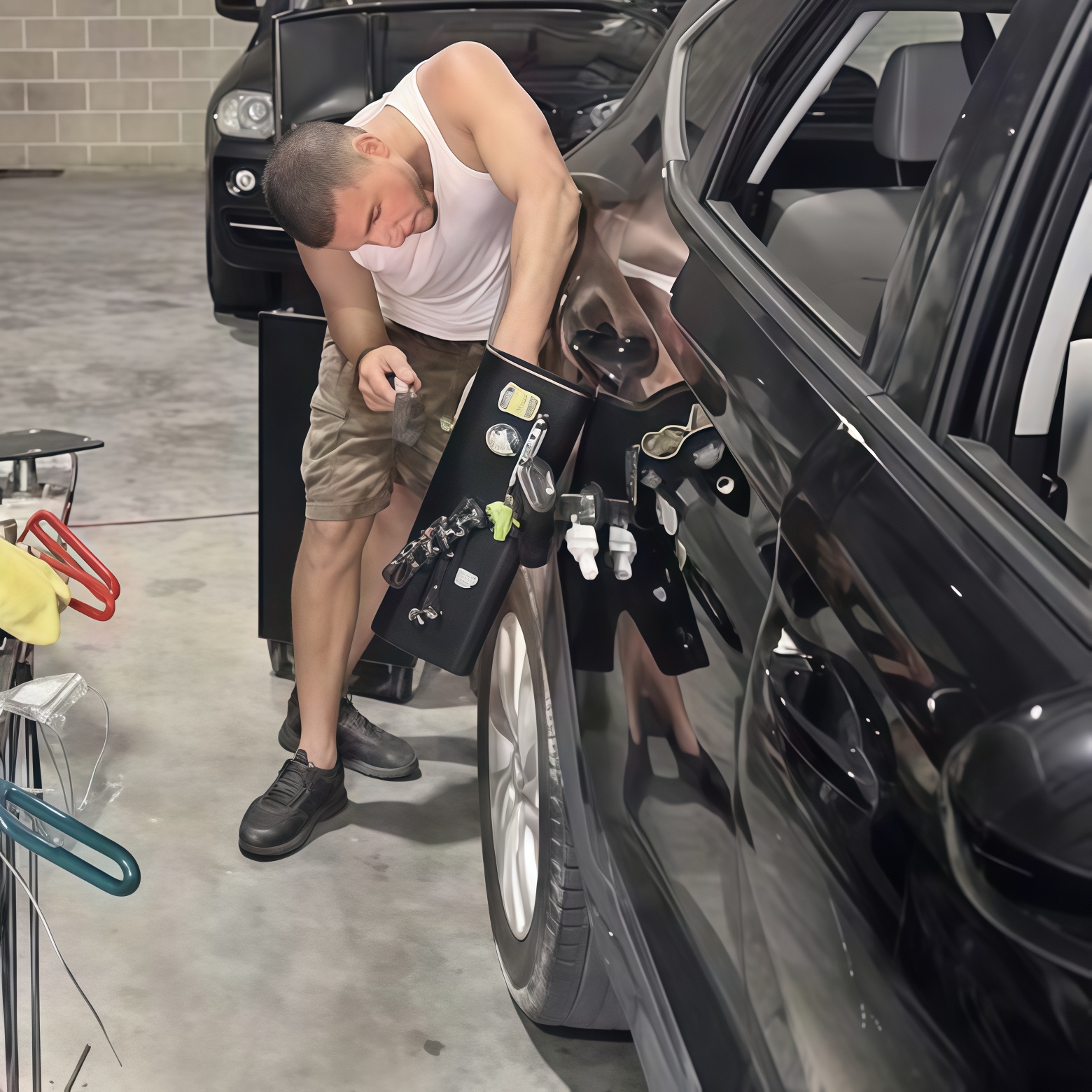 MJ repairing a dent on a car door in his Houston workshop